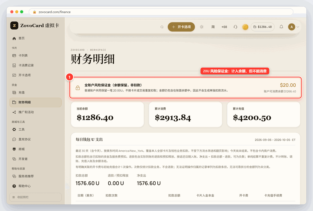 财务明细页顶部的风险保证金