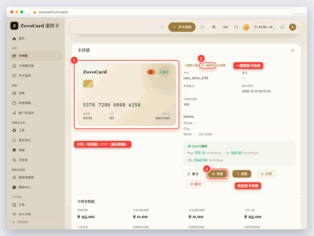 卡详情（卡号、有效期、安全码为演示数据）