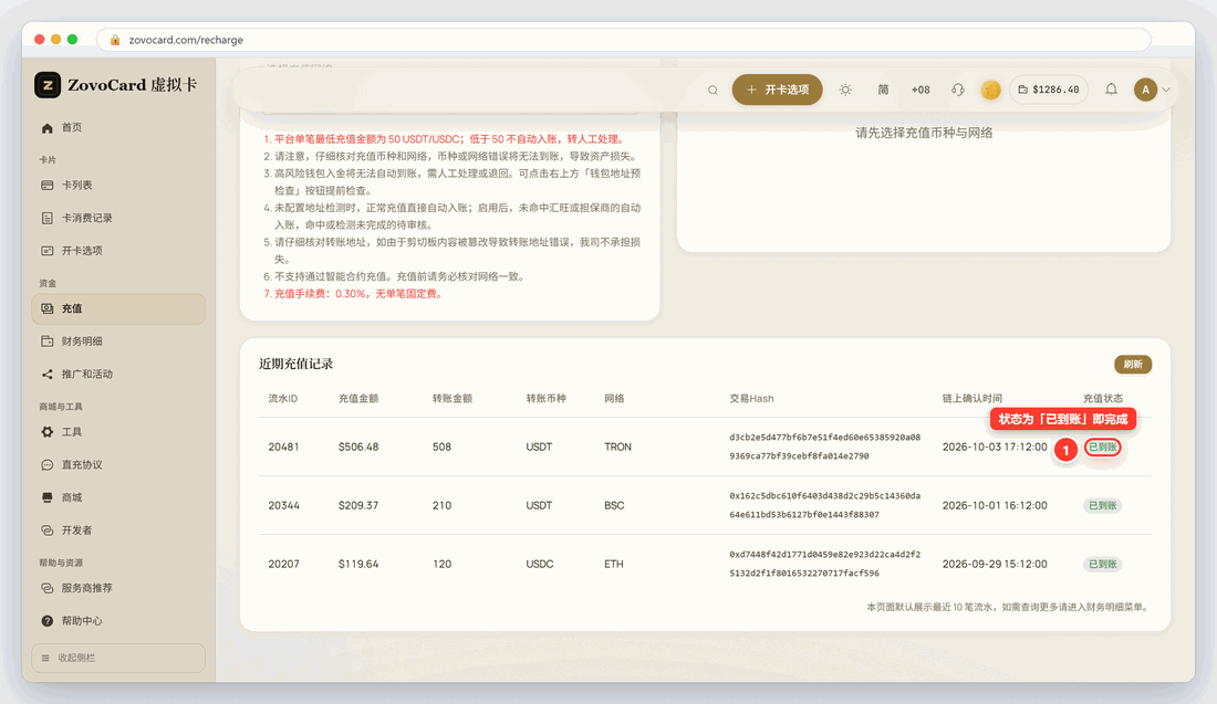 近期充值记录（金额和哈希为示例）